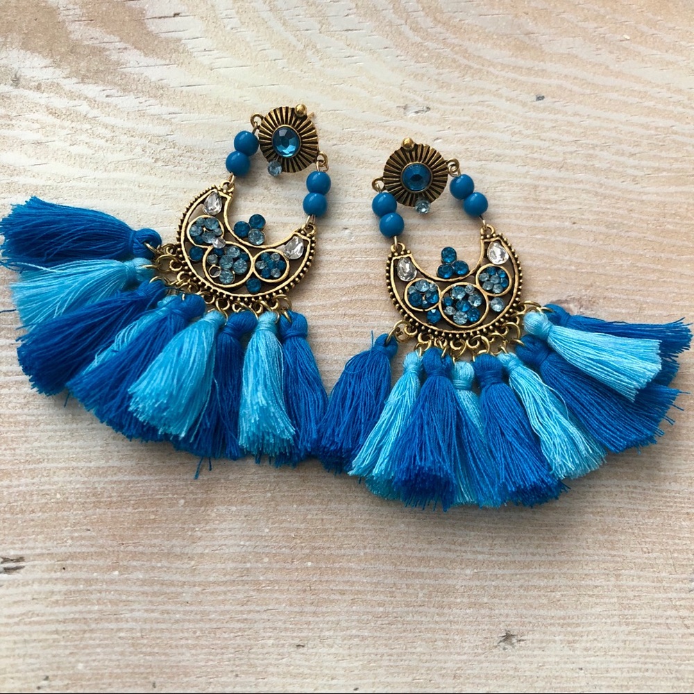 New! Double Blue Tassel & Stone Earrings